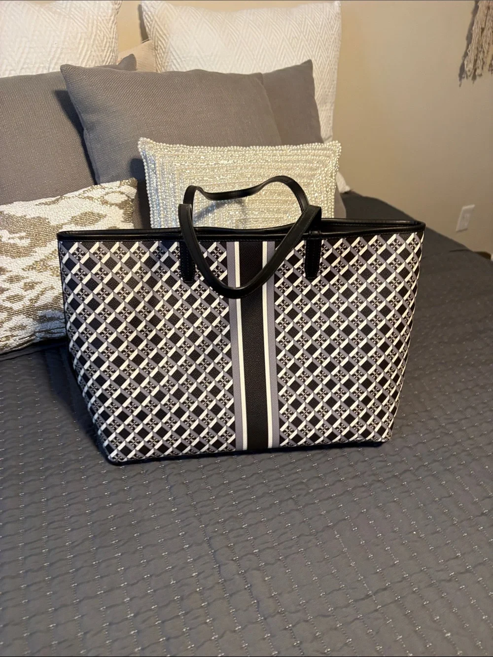 Tory Burch Black and White Patterned Tote with Center Stripe